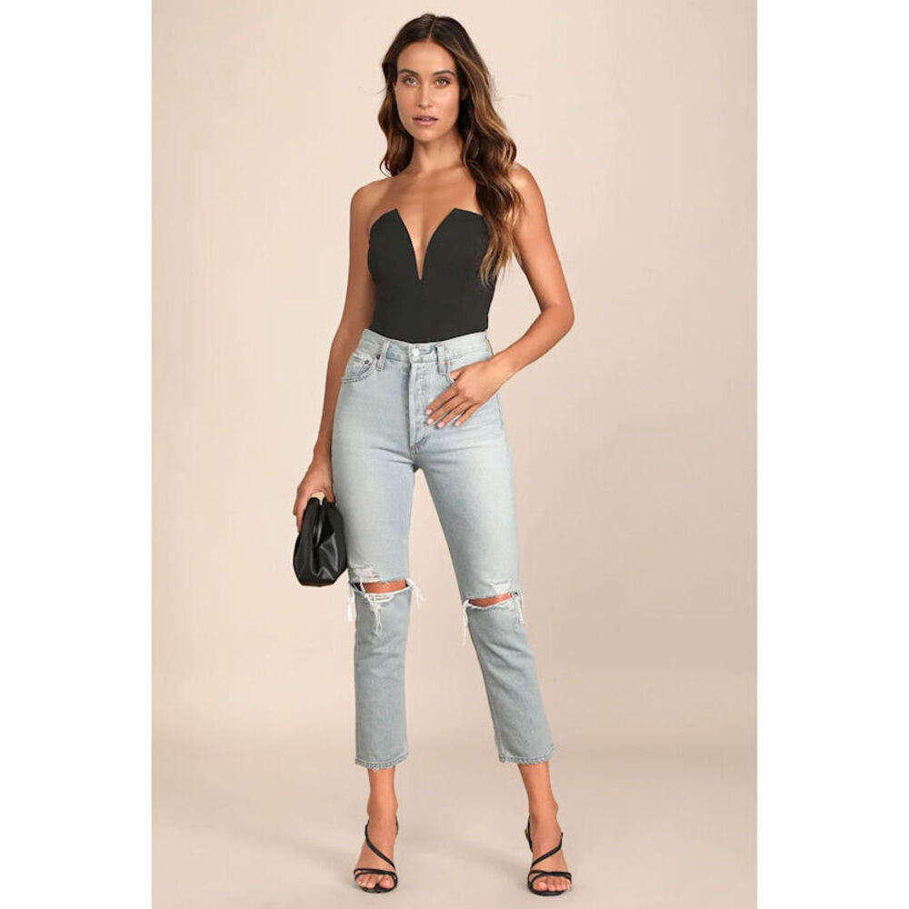 Lulus Babe Alert Black Notched Strapless Bodysuit - Size Xl